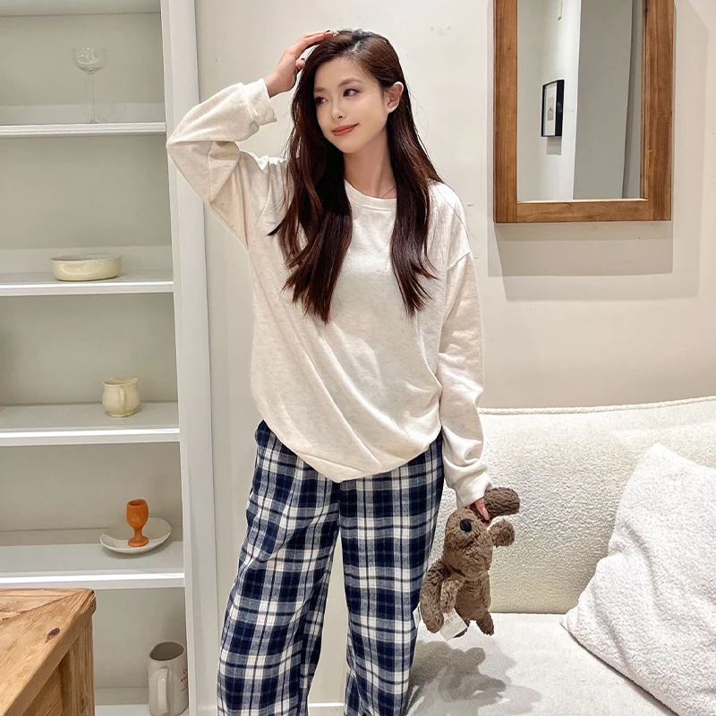 春季美式慵懒风圆领格子裤套装家居服睡衣可外穿长袖棉睡衣直筒女