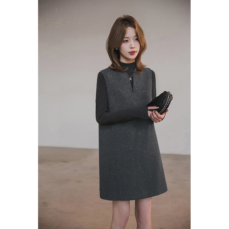 小谷粒高定套装 半高领T恤亮片背心连衣裙女2025春新款气质两件套