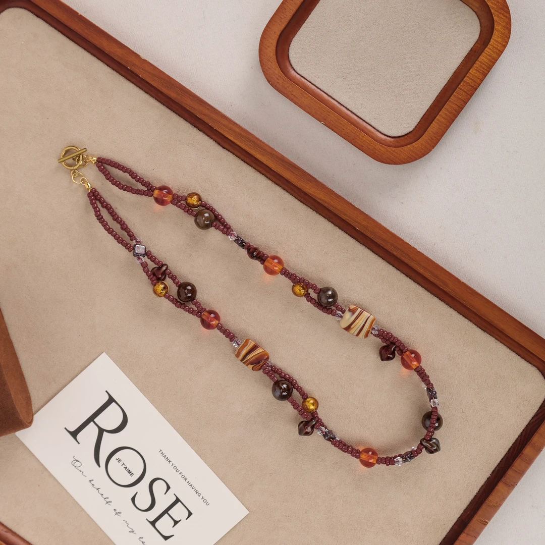 合金项链 合金项链 LZ1967红色套料咖色扁珠铁小米珠三层琉璃项链