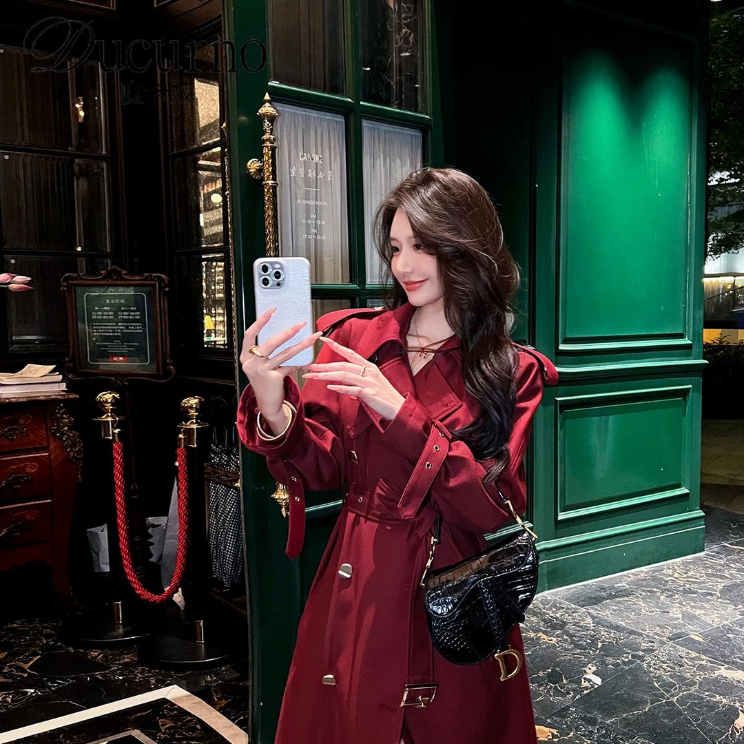 红色风衣女式中长款2025秋季新款气质百搭韩式时尚宽松赫本风外套