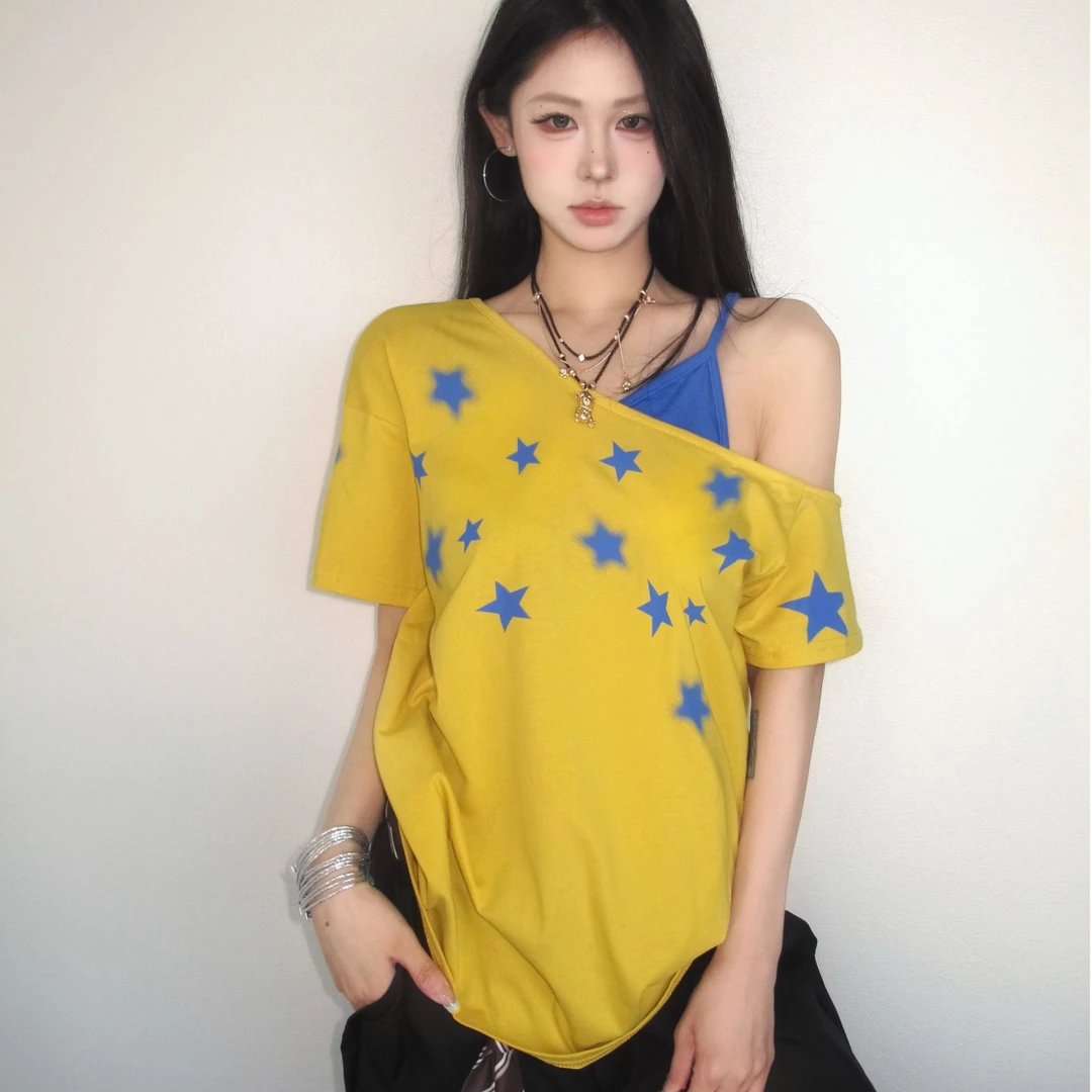 美式辣妹假两件斜肩星星印花短袖T恤女夏季宽松慵懒风设计感上衣