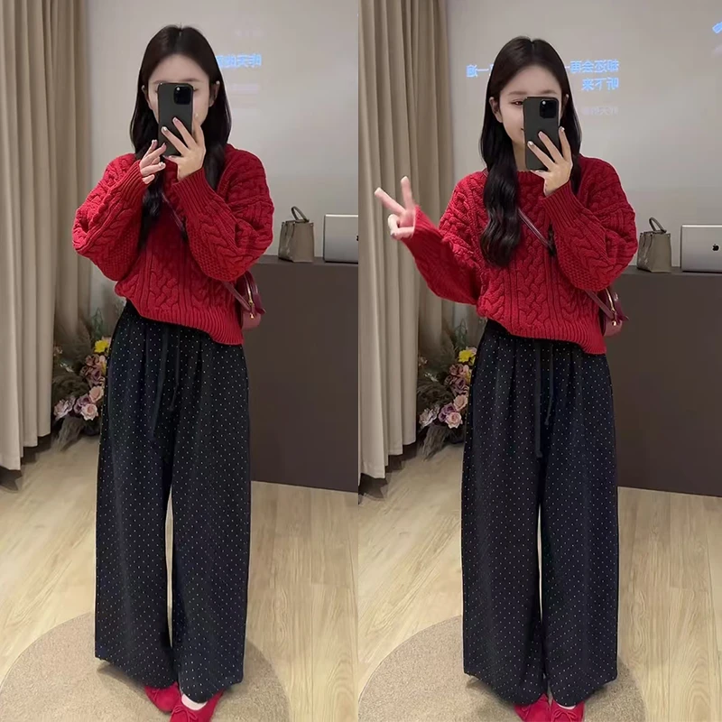 本命年穿搭2025年秋冬新款圆领百搭韩系套头毛衣波点休闲裤两件套