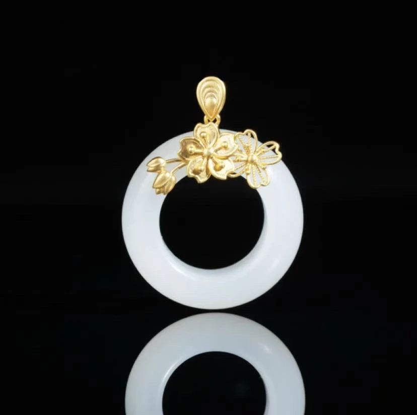 【同庆珍品】18K金紫荆花白玉吊坠 不含链 LM09