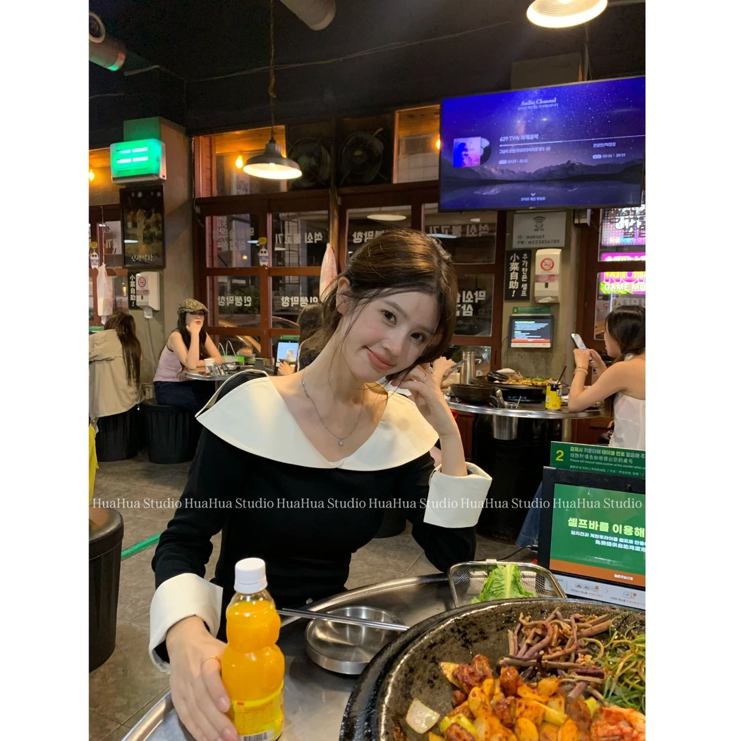 【花花】天鹅印象~荷叶边领白色拼接假两件高级感长袖上衣