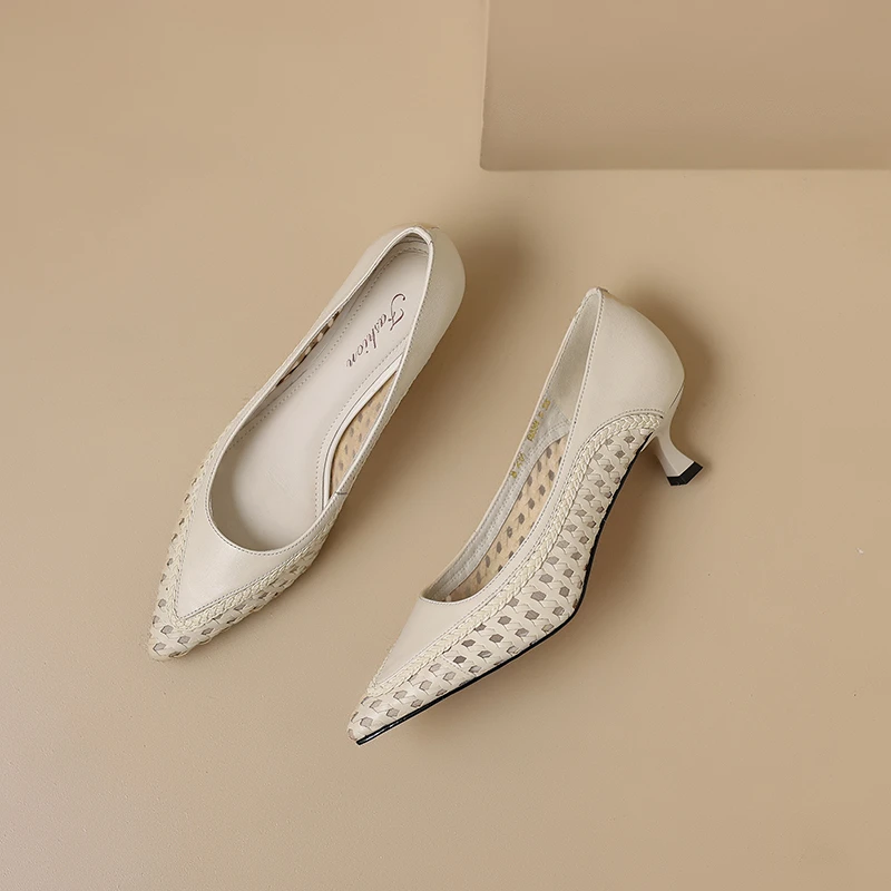羊皮4.5公分/法式编织夏季真皮细跟凉鞋百搭透气镂空中跟浅口女鞋