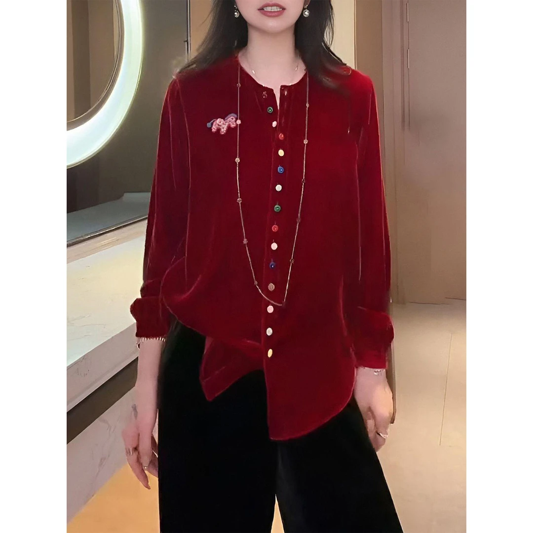 设计感撞色彩色单排扣衬衫女秋冬新款氛围感宽松慵懒圆领长袖上衣