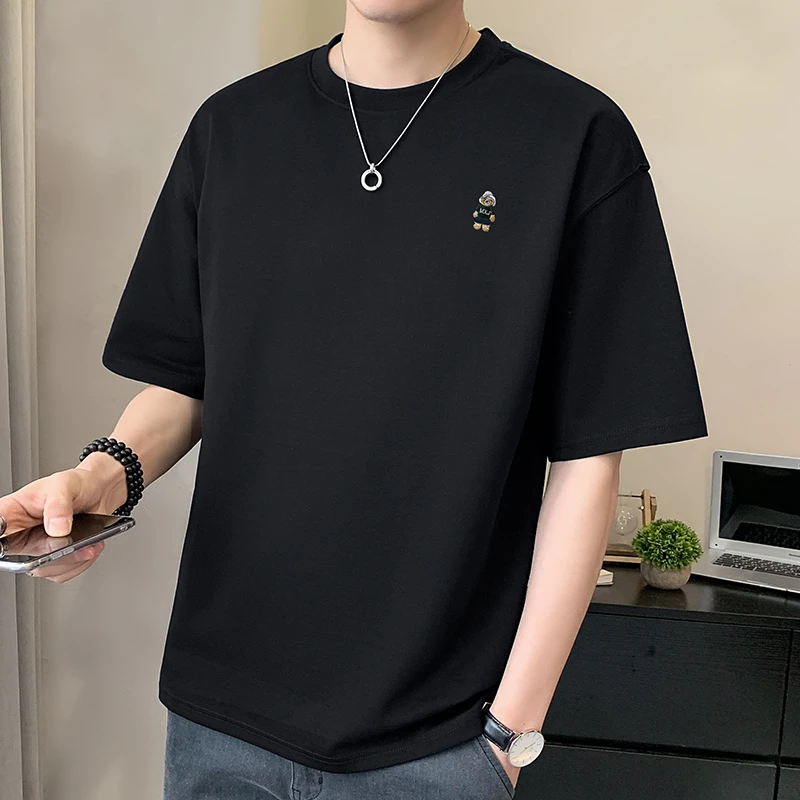 刺绣短袖T恤男士夏季薄款2025新款韩系休闲百搭半袖圆领上衣男装