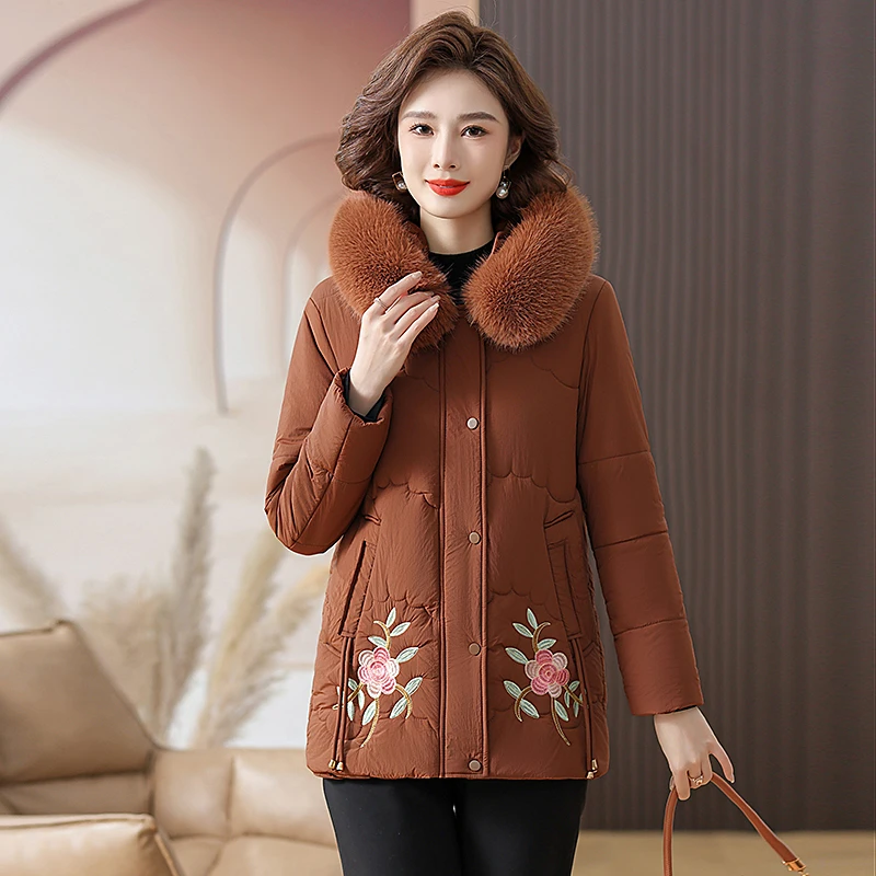 [崔万志优选]冬季3368毛领连帽妈妈经典时尚装加绒加厚外套棉服