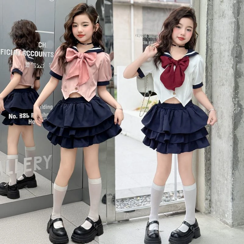 女童套装夏装2025女孩中大童学院风有安全裤儿童领结海军领两件套