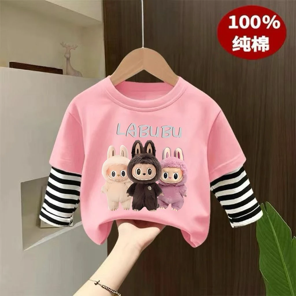 拉系列2025春秋新款纯棉长袖T恤女童卡通假两件儿童宝宝洋气布布t