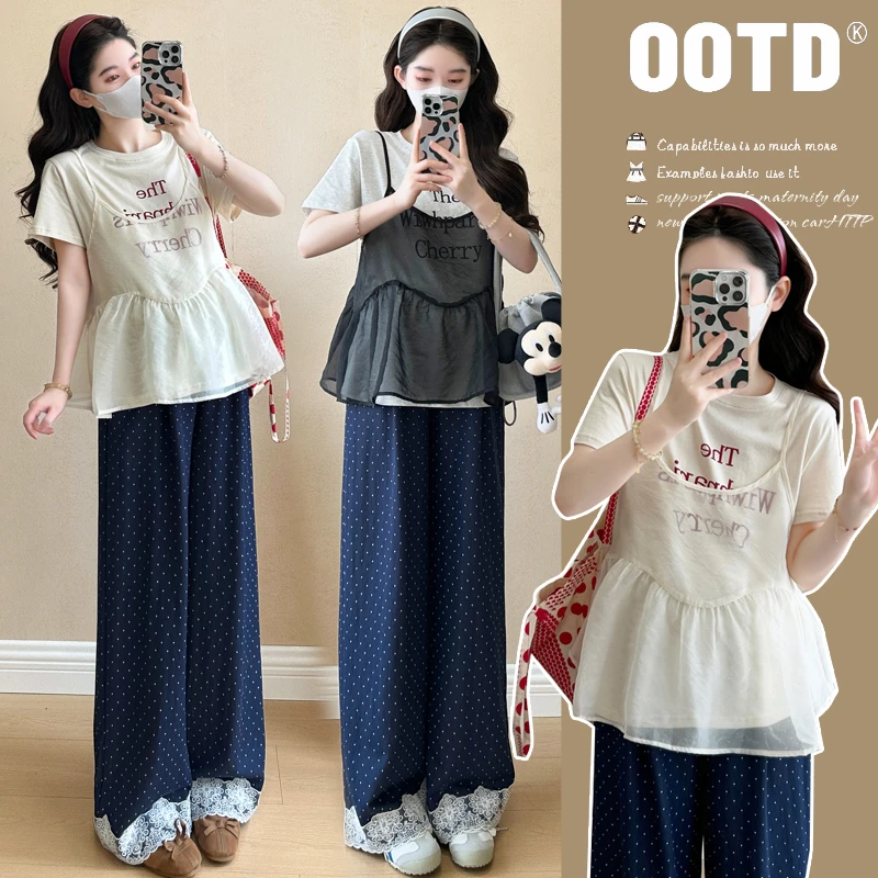设计感孕妇套装2025夏季新款时尚孕妇上衣+点点花边孕裤两件套潮