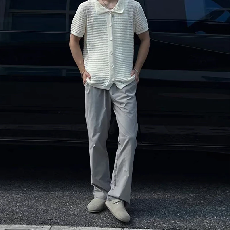 夏季男士弯刀褶皱bootcut凉感流行宽松梭织冰丝微喇休闲裤长裤子