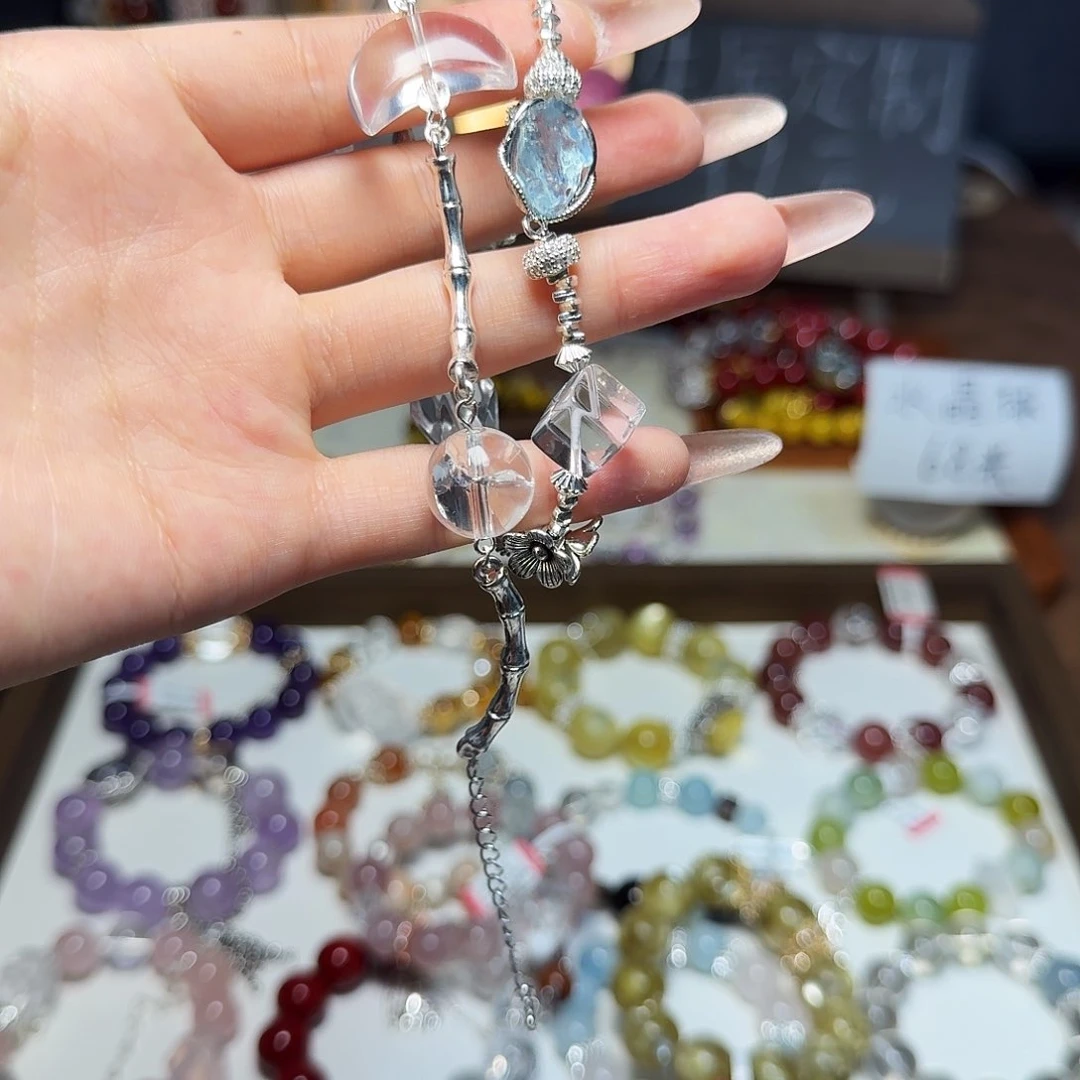 水晶手链合金不****）天然玉石白水晶双圈