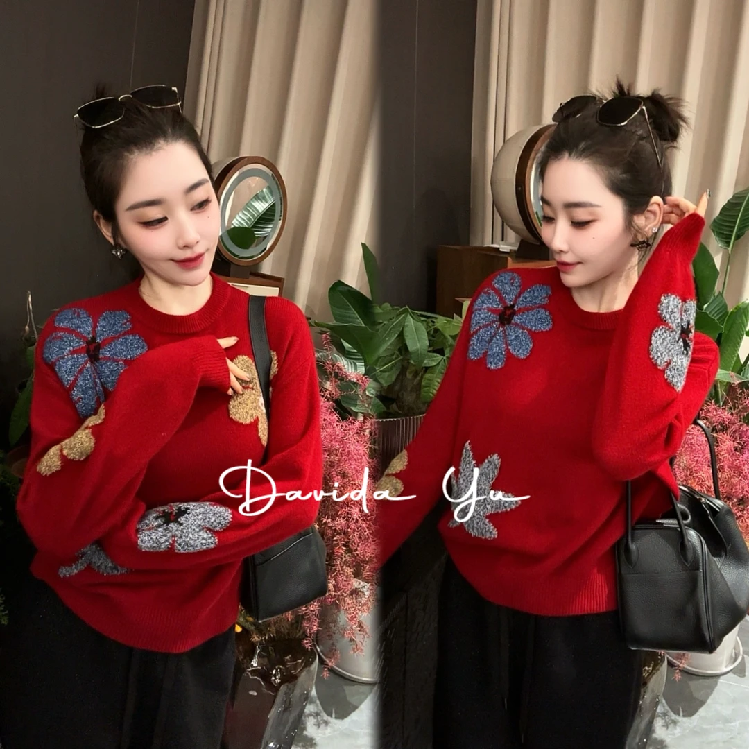 Davida Yu【烟花】2025新款高品质全羊毛撞色花朵圆领针织衫691613