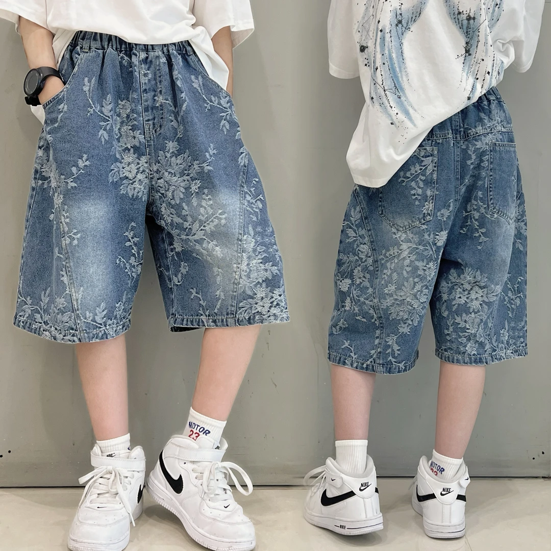 男童牛仔短裤夏季薄款中大童碎花时髦痞帅潮酷宽松儿童休闲五分裤
