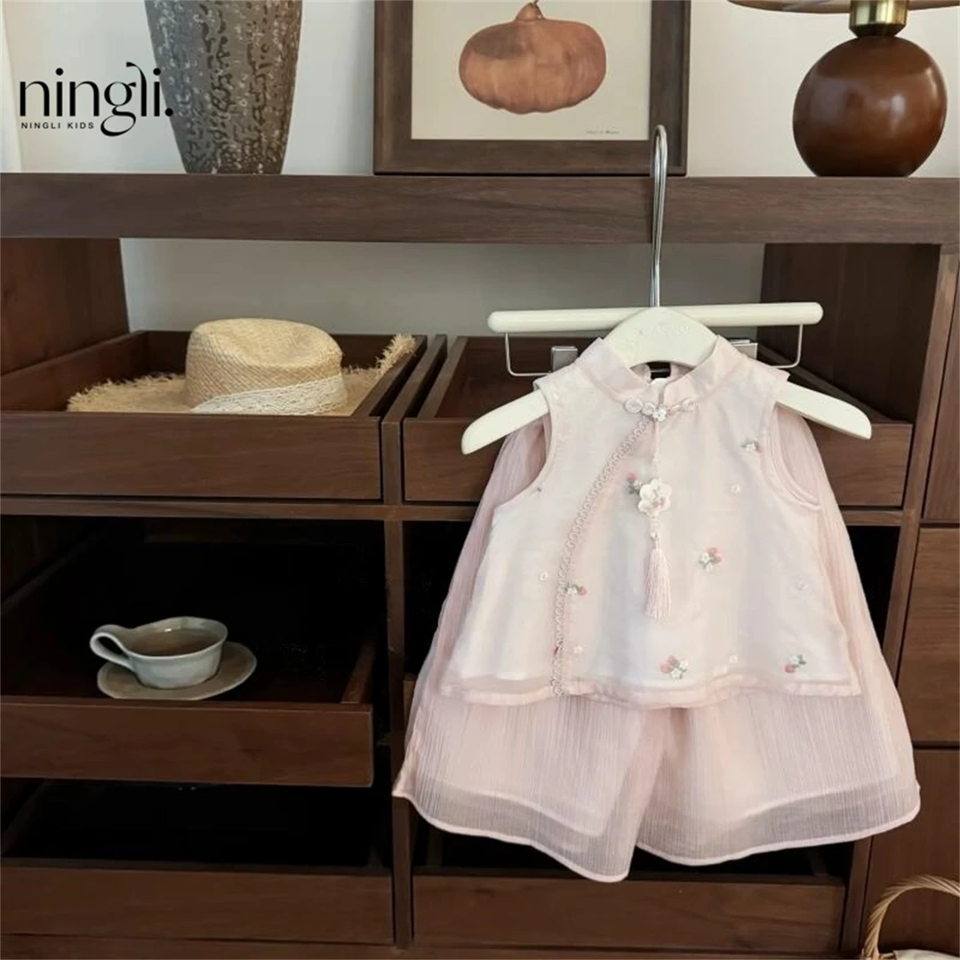 【萌米baby】粉粉樱桃女宝宝新中式国风甜美刺绣背心直筒裤套装