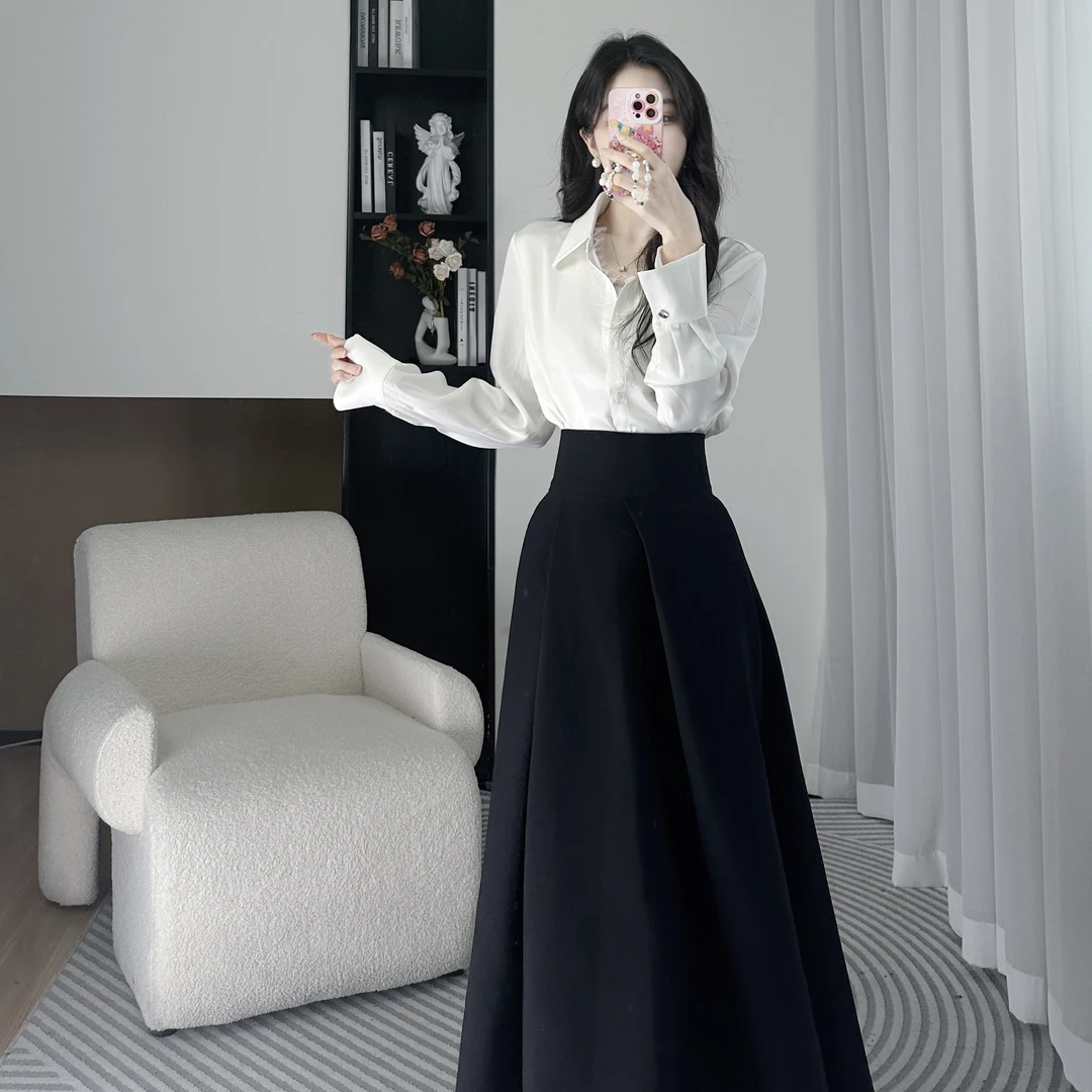 拉夏贝尔25秋新法式气质优雅蕾丝衬衫+高腰A字半身裙 10330 LHD