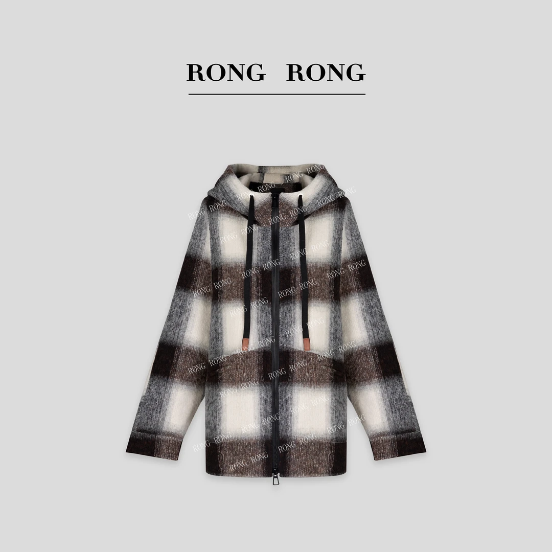 溶溶【慵懒型格】RONGRONG绵羊毛兔毛羊驼毛格子连帽毛呢外套24D273