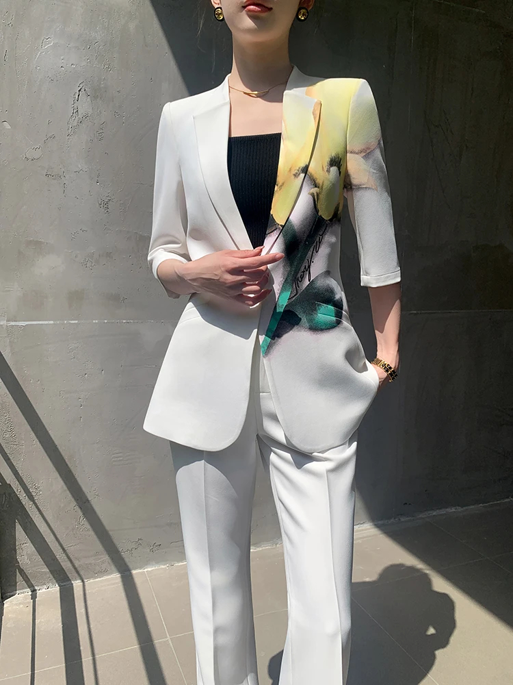 9651白色水墨印花七分袖西装套装女夏季女神范休闲职业西服两件套