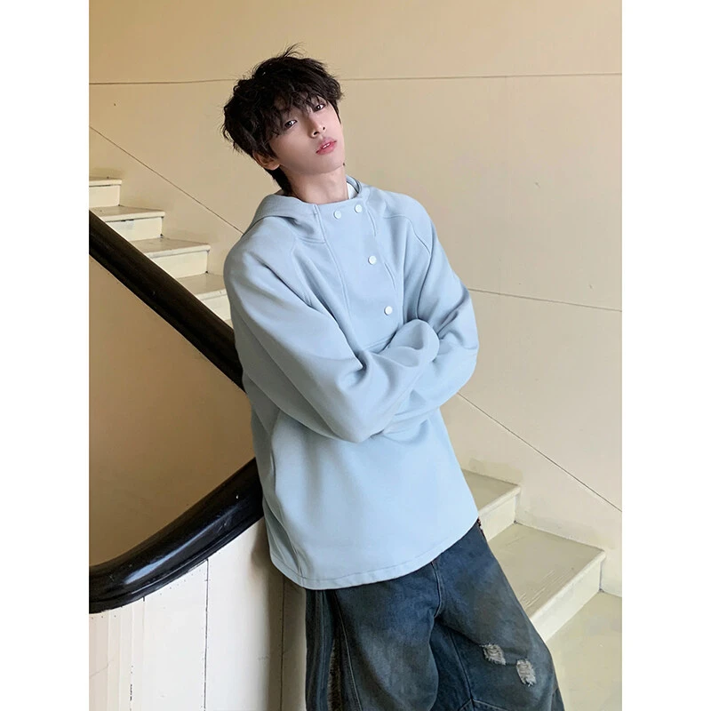 春季美式潮牌纯色小众设计感宽松立领连帽卫衣男纽扣休闲情侣上衣