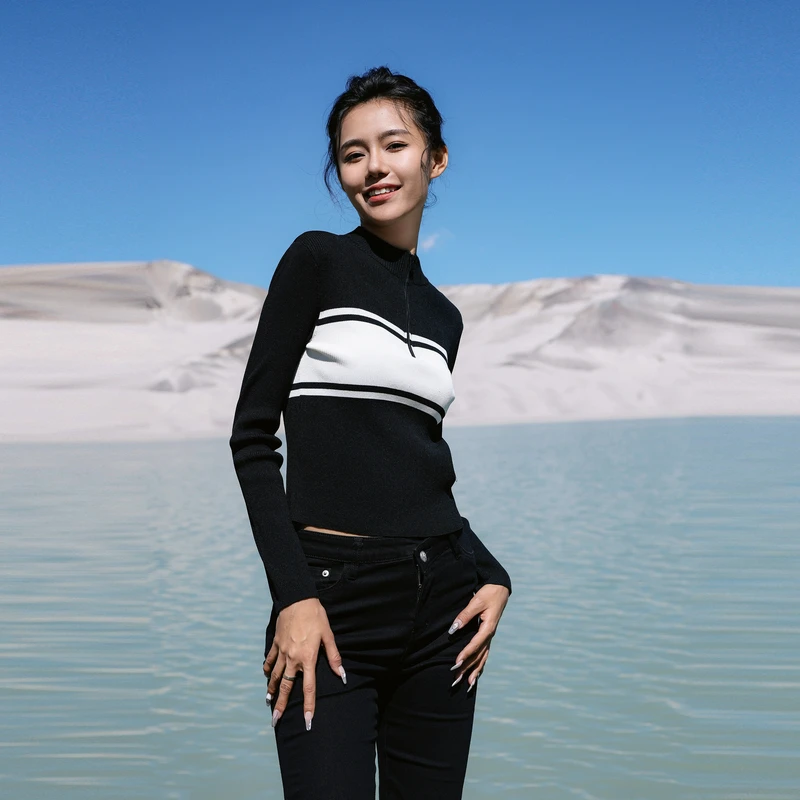 婉甸2025春季新品黑色半拉链长袖毛织套头衫百搭针织衫1241W03XJ1