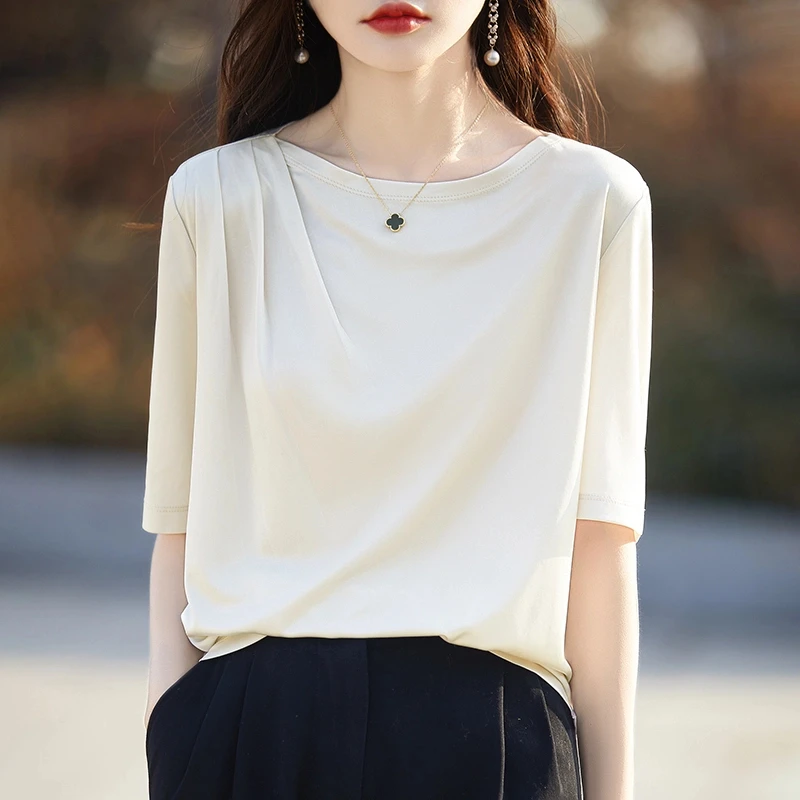 三醋酸T恤女短袖薄一字领垂感缎面体恤褶皱气质半袖上衣夏新款
