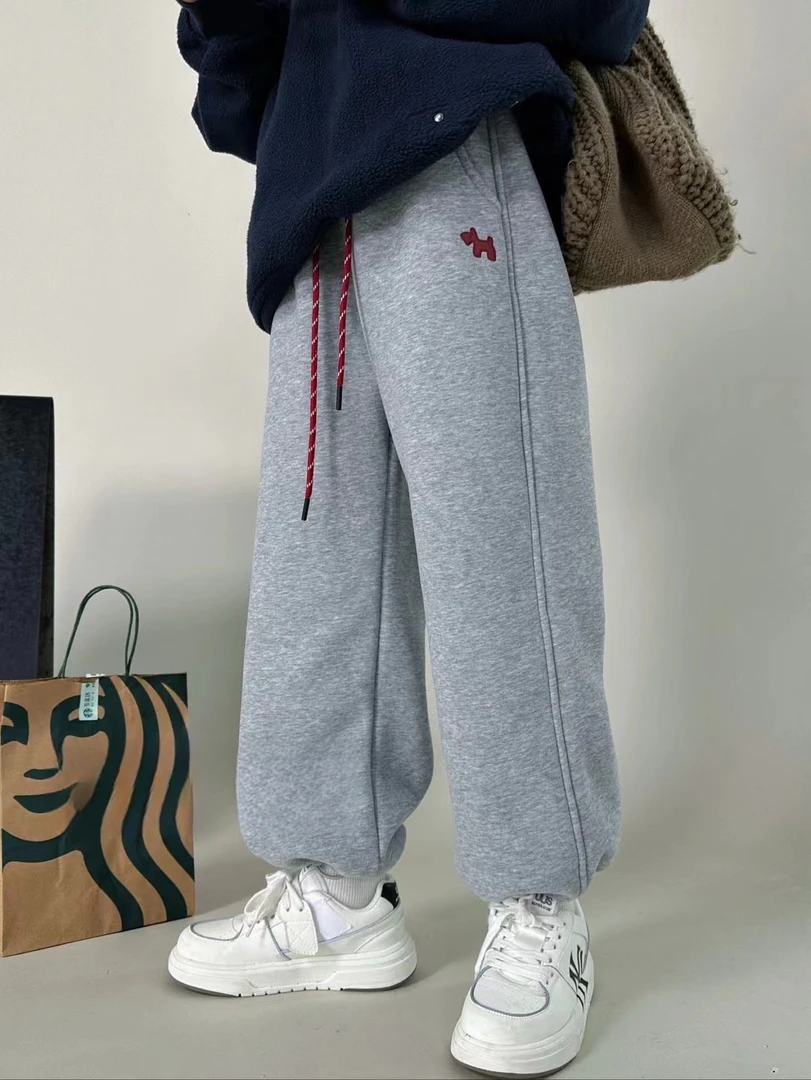 刺绣狗狗加绒加厚卫裤