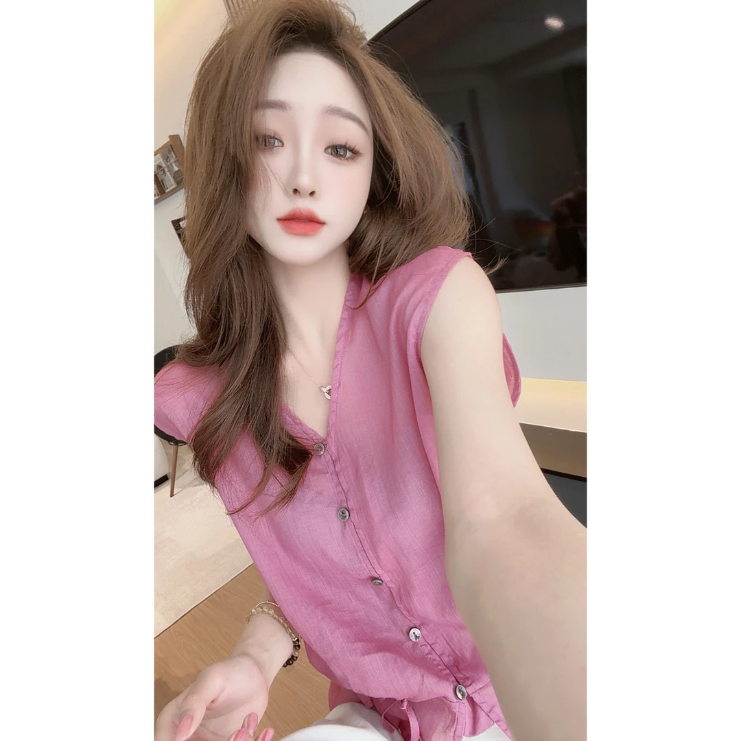 【陈陈私服】洋气休闲纯色背心苎麻衬衫简约时尚无袖衬衣女25051402