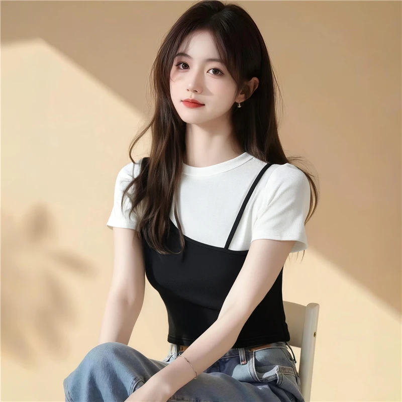 AI图时尚百搭洋气设计感小众假两件拼接撞色短袖T恤女上衣