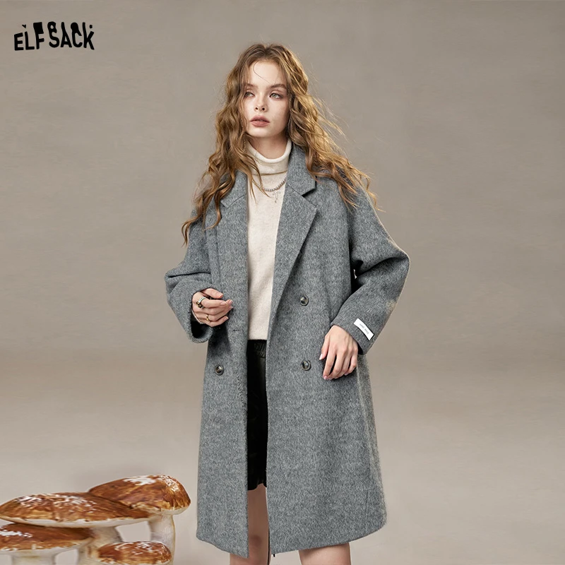 【陈嘉尔专属】妖精的口袋绵羊毛灰色中长款毛呢外套女2025冬季新