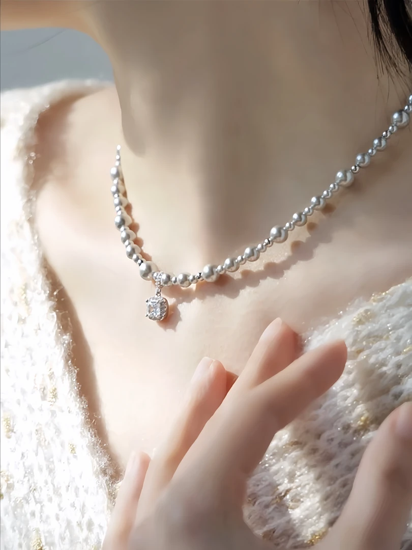 坠链均925银合成锆石 气泡方糖项链轻奢时尚陈都灵同款镶嵌高级感