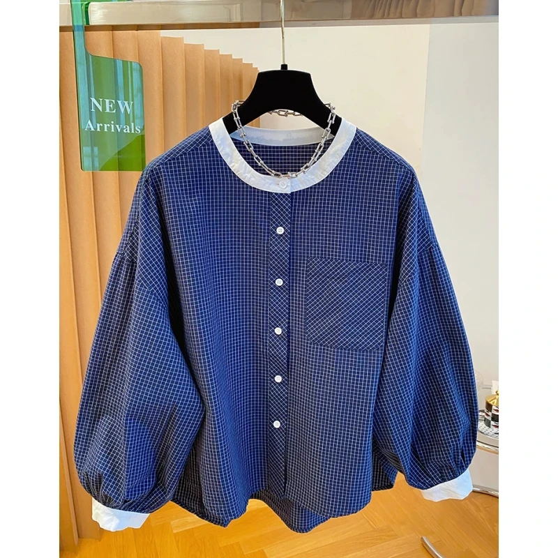 韩系减龄圆领小格子长袖衬衫女2025年早秋新款装宽松灯笼袖上衣潮