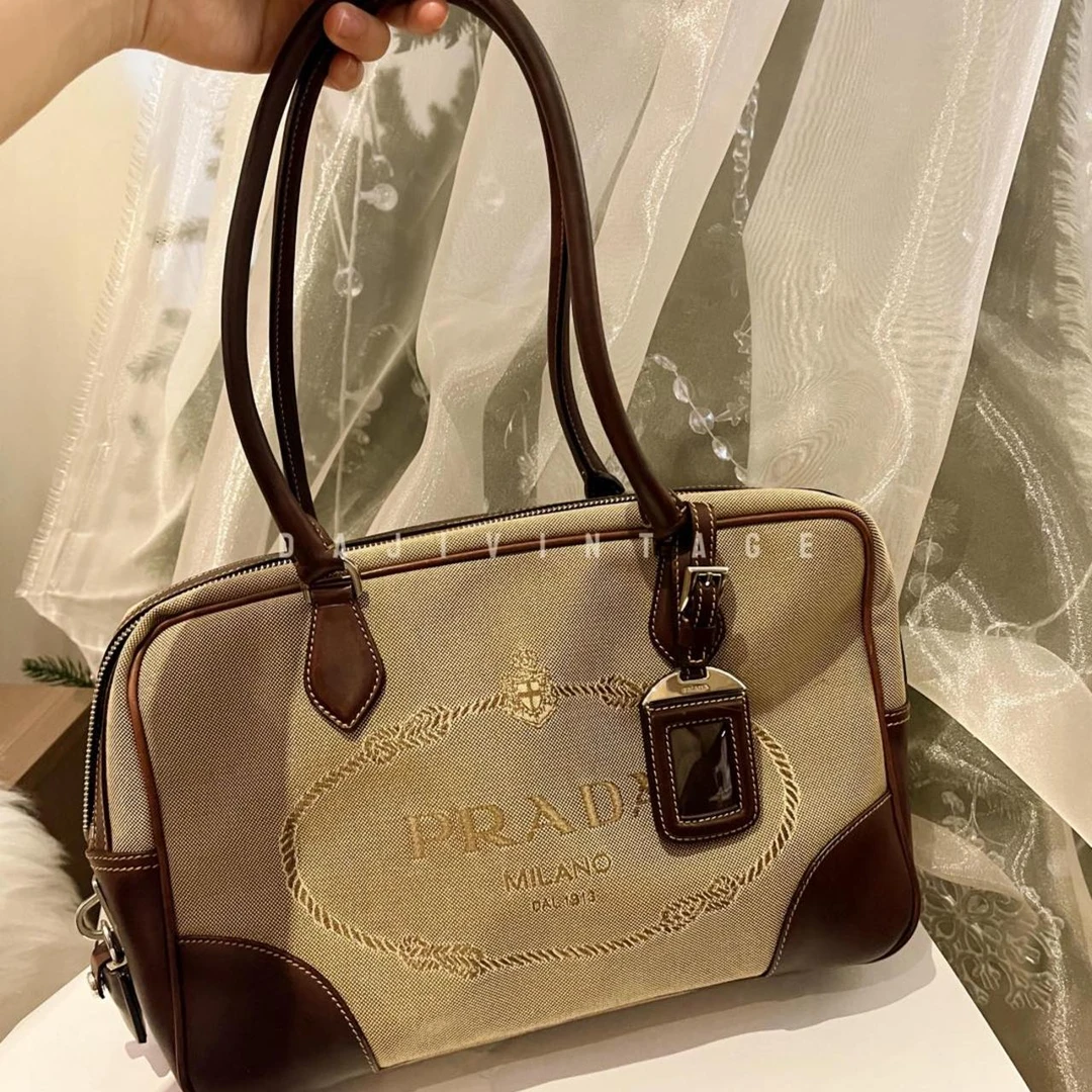 95新 Prada/普拉达 大吉中古/Prada普拉达帆布拼皮保龄球手提单肩