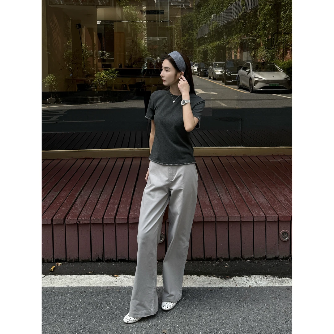 【海滨晚风】“T丝裤”极简设计感撞色拼接百搭显瘦透气休闲裤21685