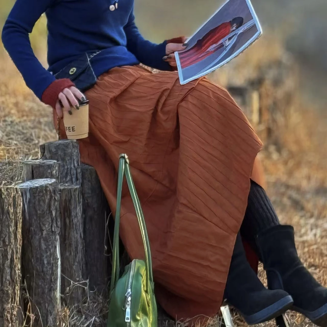 2025秋冬款棕色竖纹半身裙a字裙女装时尚穿搭保暖拼接口袋有里衬