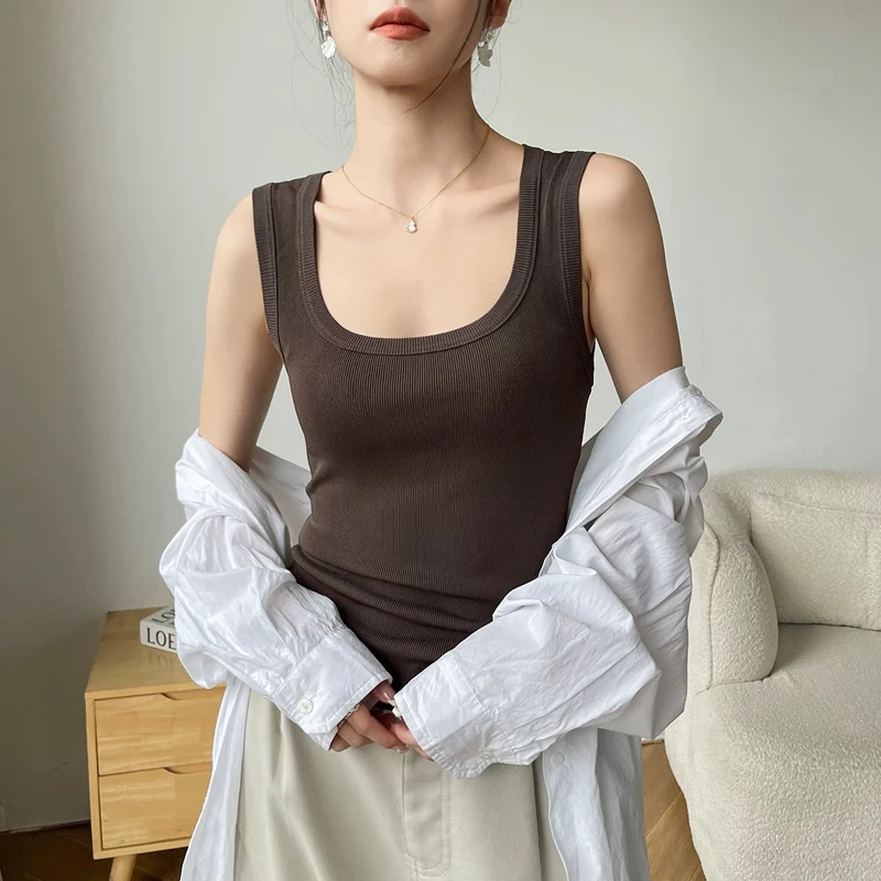 方领遮副乳工字吊带背心女夏外穿美式无袖修身通勤百搭上衣 8366