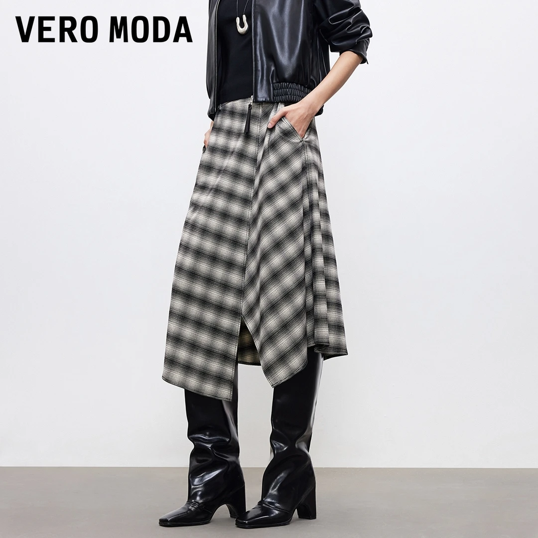 Vero Moda半身裙2025秋冬新款不规则裙摆高腰格纹A字裙325416005