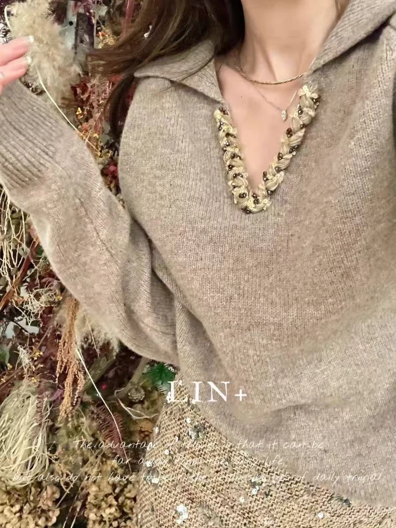 欧货亮片v领翻领毛衣女秋冬慵懒高级感超好看宽松针织衫内搭上衣