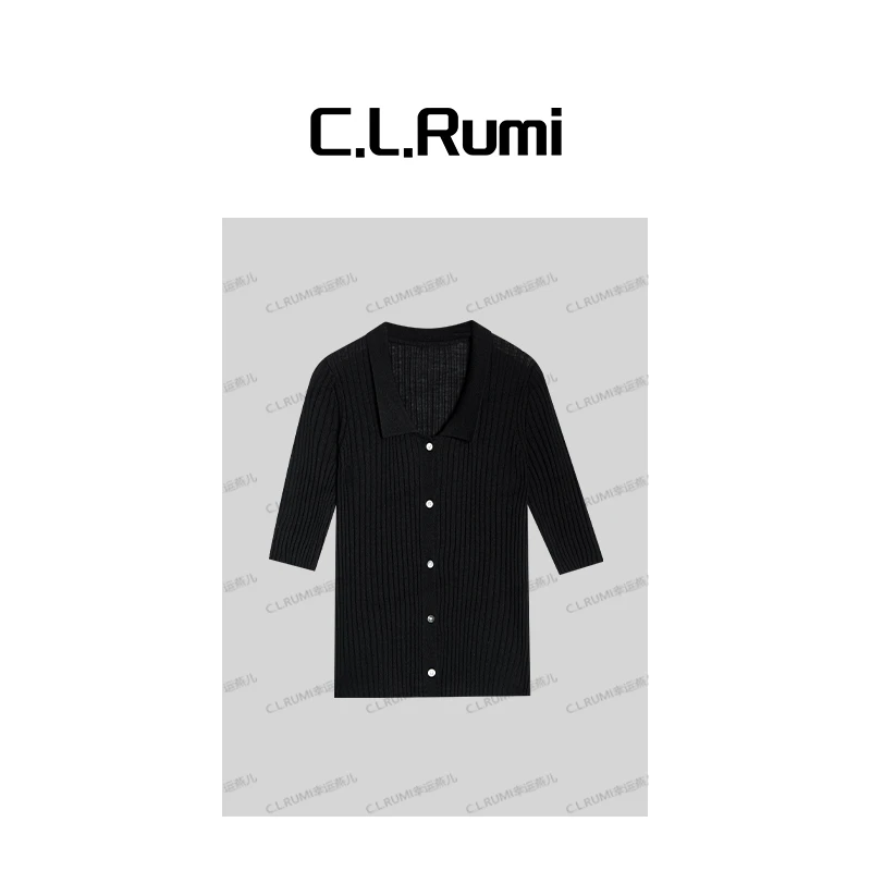 【Rumi小店】“黑巧”25早秋软糯羊毛高弹百搭翻领中袖针织上衣7084sy