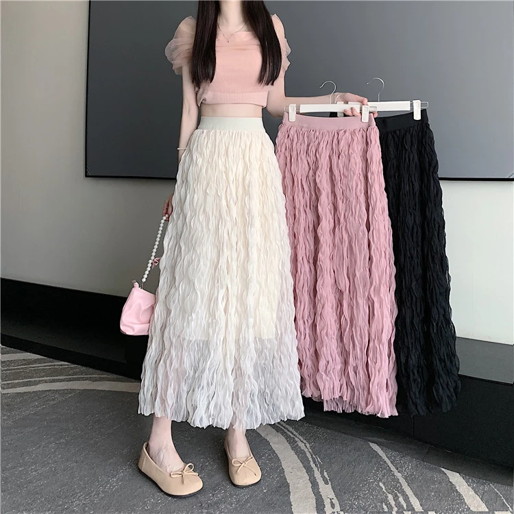 百搭显瘦牛仔裙气质包臀裙百褶裙时尚中长款法式网纱褶皱半身裙女