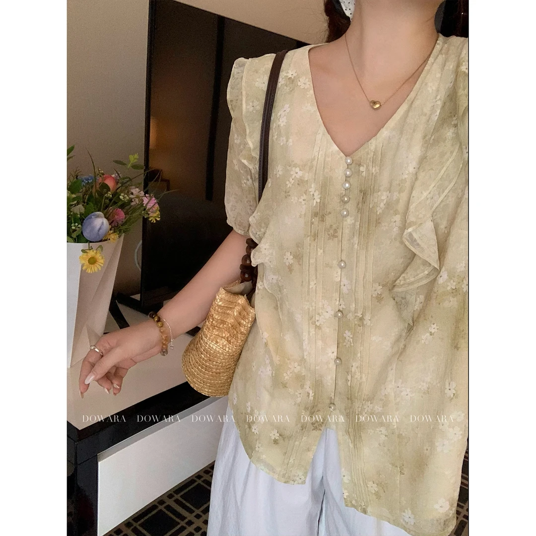 现货大婉酱微胖定制【朝花夕拾】韩版v领荷叶边上衣夏百搭小衫8621D