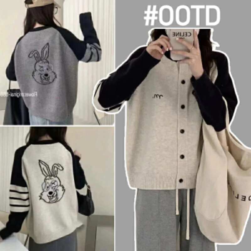 【晴晴】孕妇装秋季毛衣2025新款时尚宽松显瘦撞色提花兔子针织开衫