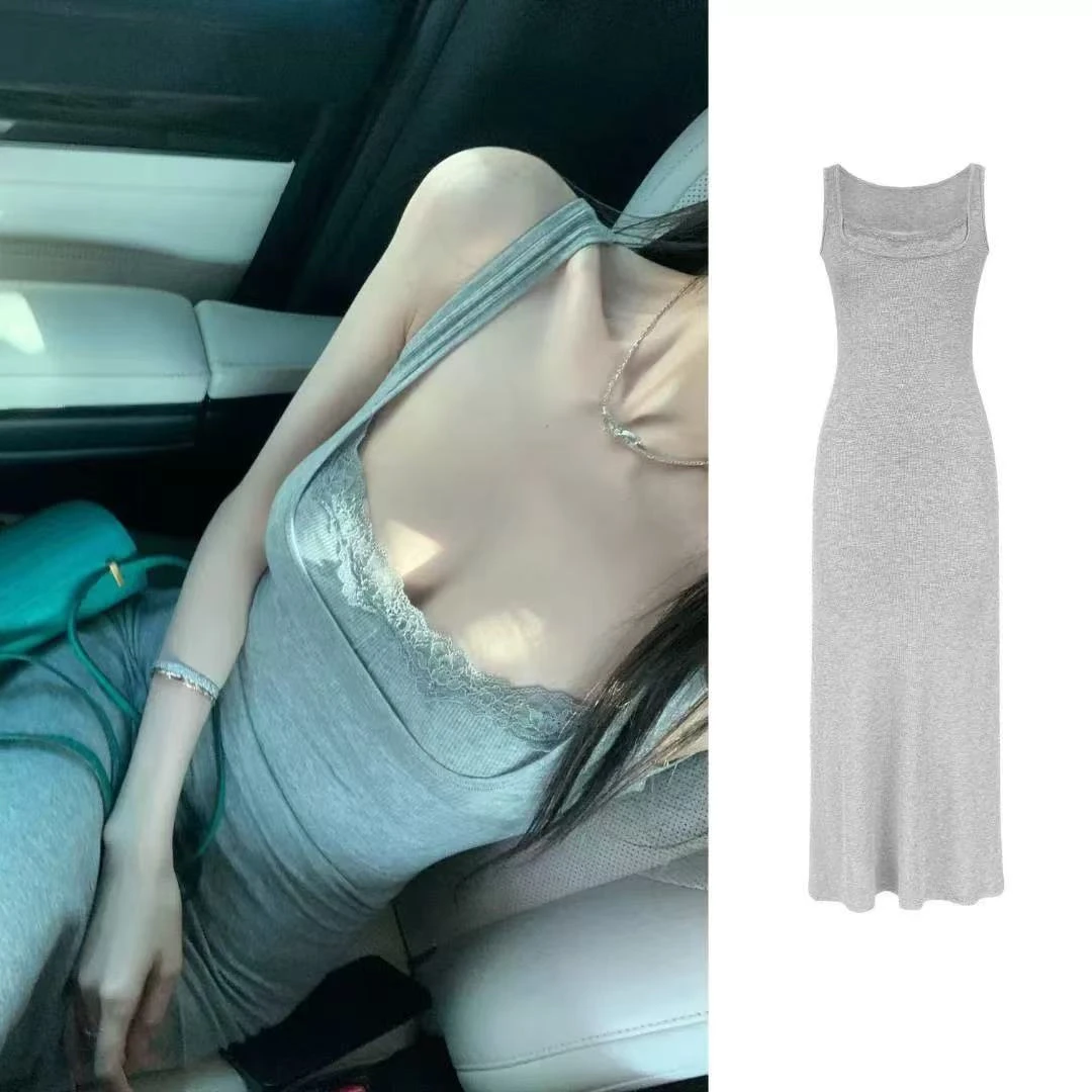 【现货】纯欲风性感蕾丝边假两件方领长裙夏季女显瘦气质包臀连衣裙