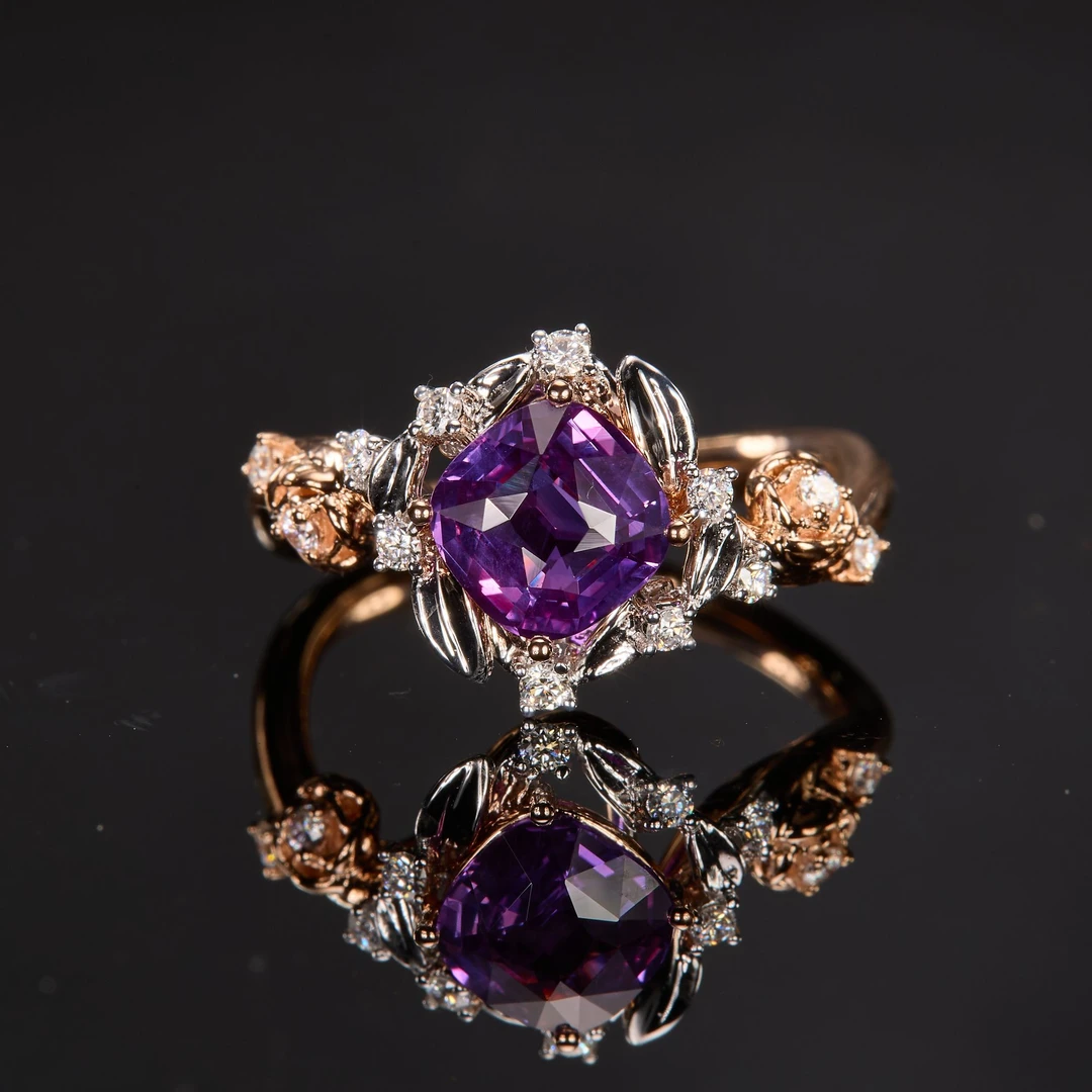 如苑珠宝18K金紫蓝宝戒指/1.51ct/AIGS/薰衣草/无烧