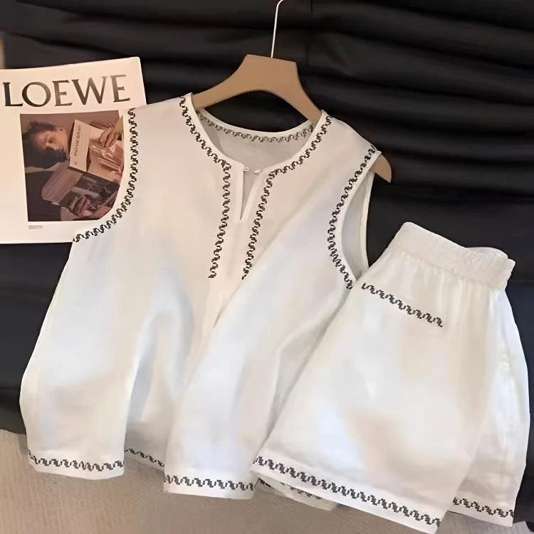 韩系小众设计撞色无袖睡衣女夏款设计感可外穿宽松短裤家居服套装