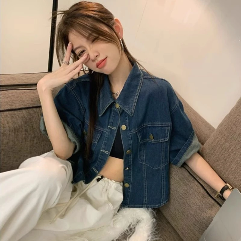 复古短袖衬衫牛仔外套女夏季薄款大码宽松衬衣短款夹克上衣