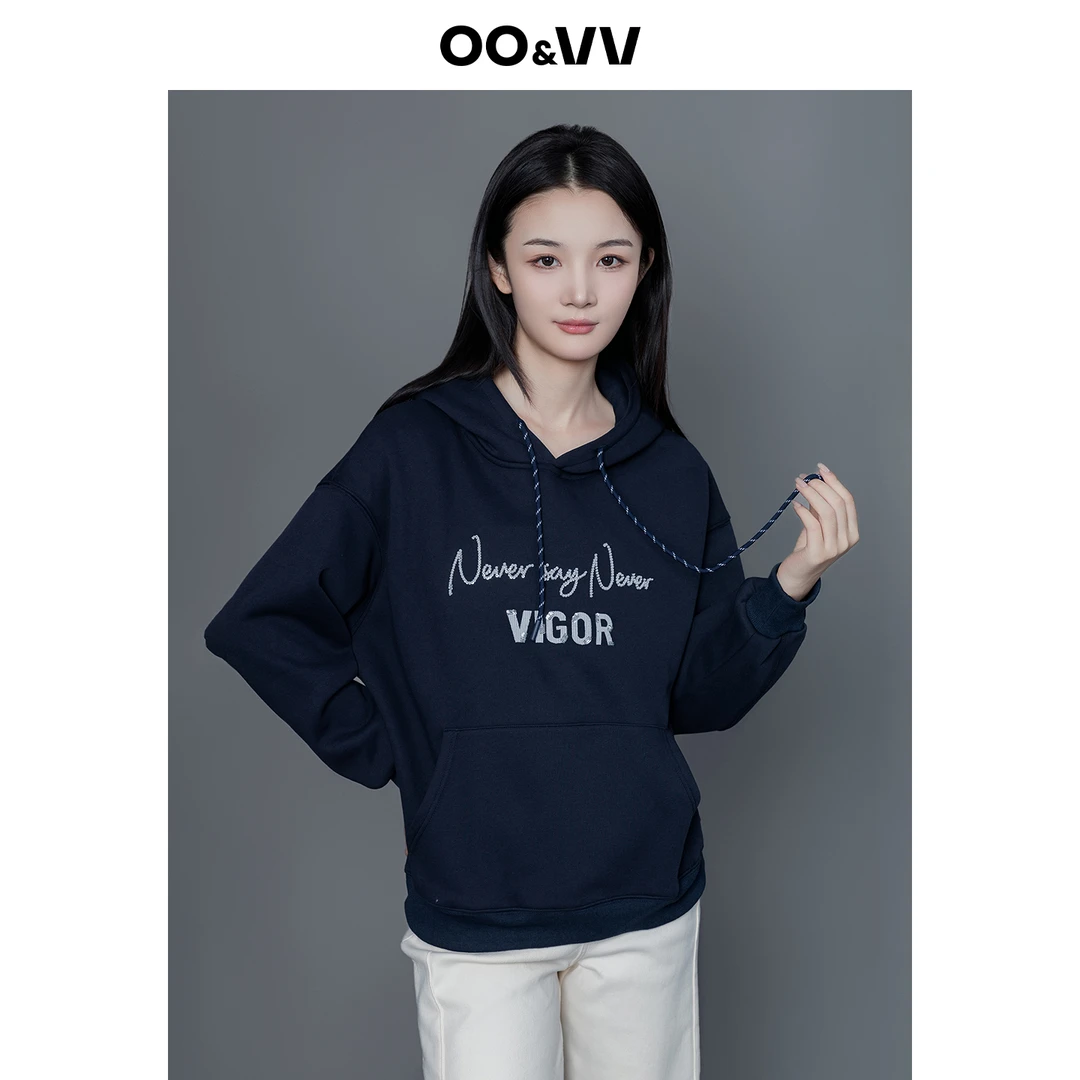 OO&VV套头连帽卫衣上衣秋季保暖印花字母落肩袖春季女装长袖
