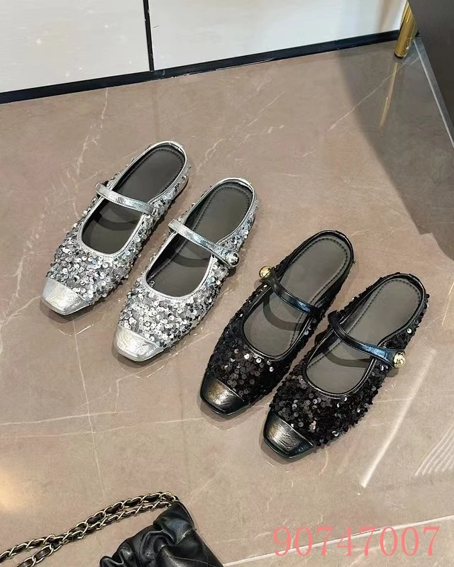 TALIA/特丽雅气质时尚百搭玛丽珍银色方头低跟亮片包头拖90747007