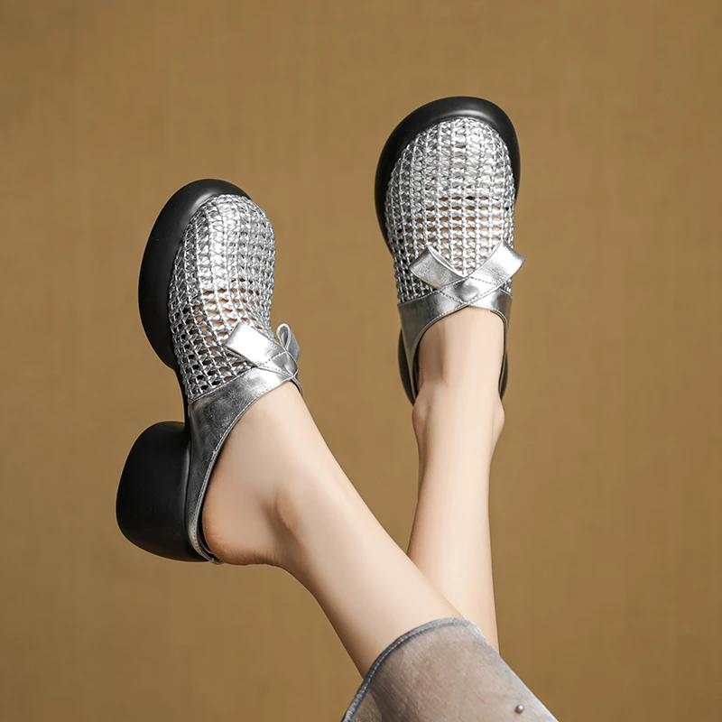 菓苒6.5cm粗跟厚底小个子高跟复古编织时尚银色包头凉拖鞋凉鞋女