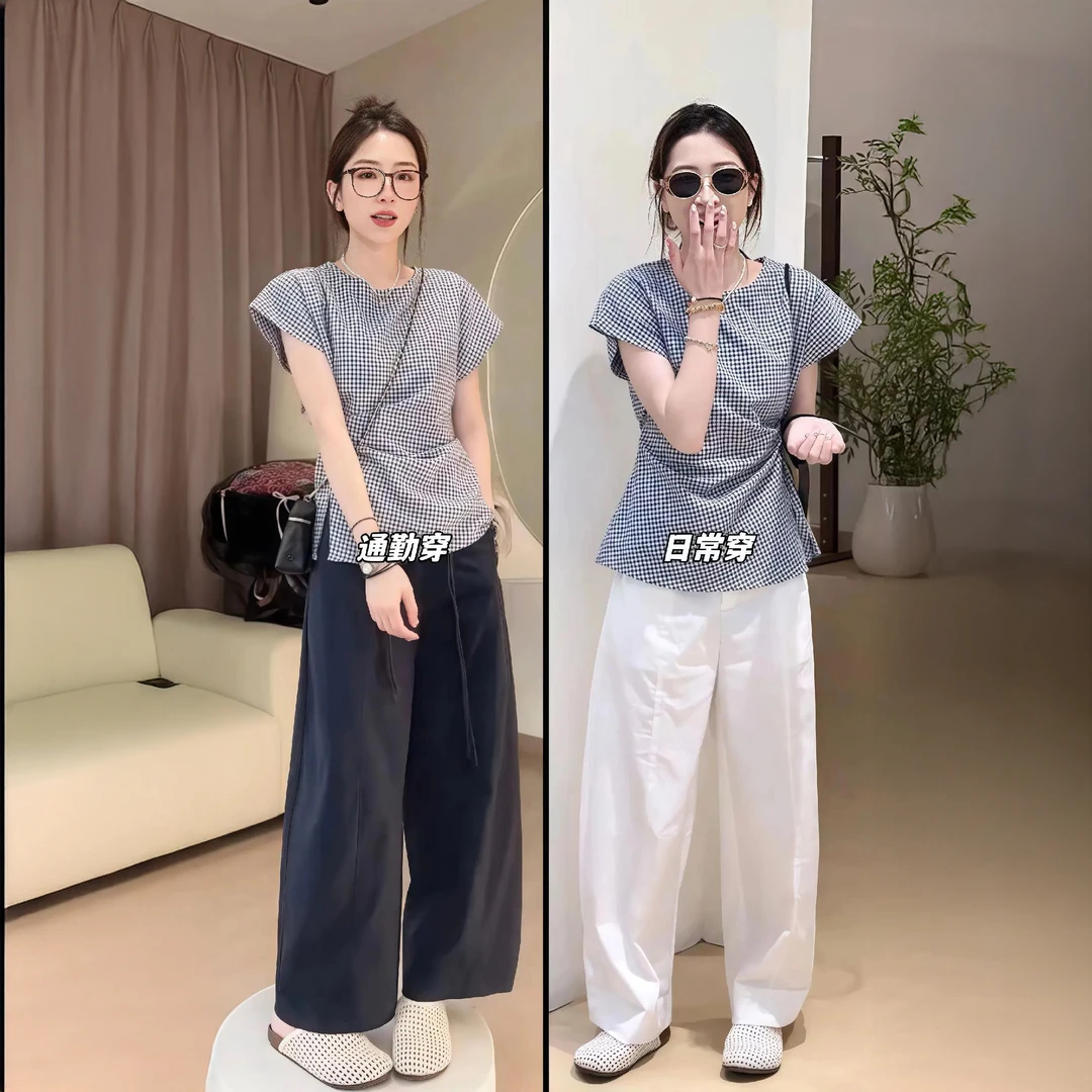 B573+B574夏季韩系小众设计感格子衬衫上衣显瘦阔腿裤子气质通勤